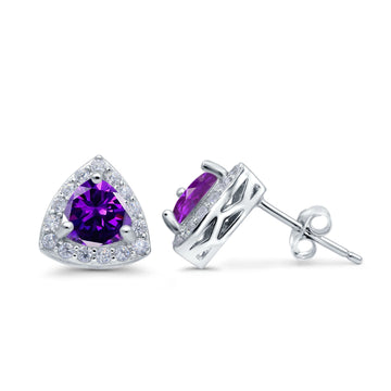 Halo Stud Earrings Simulated Amethyst CZ Round 925 Sterling Silver(8mm)